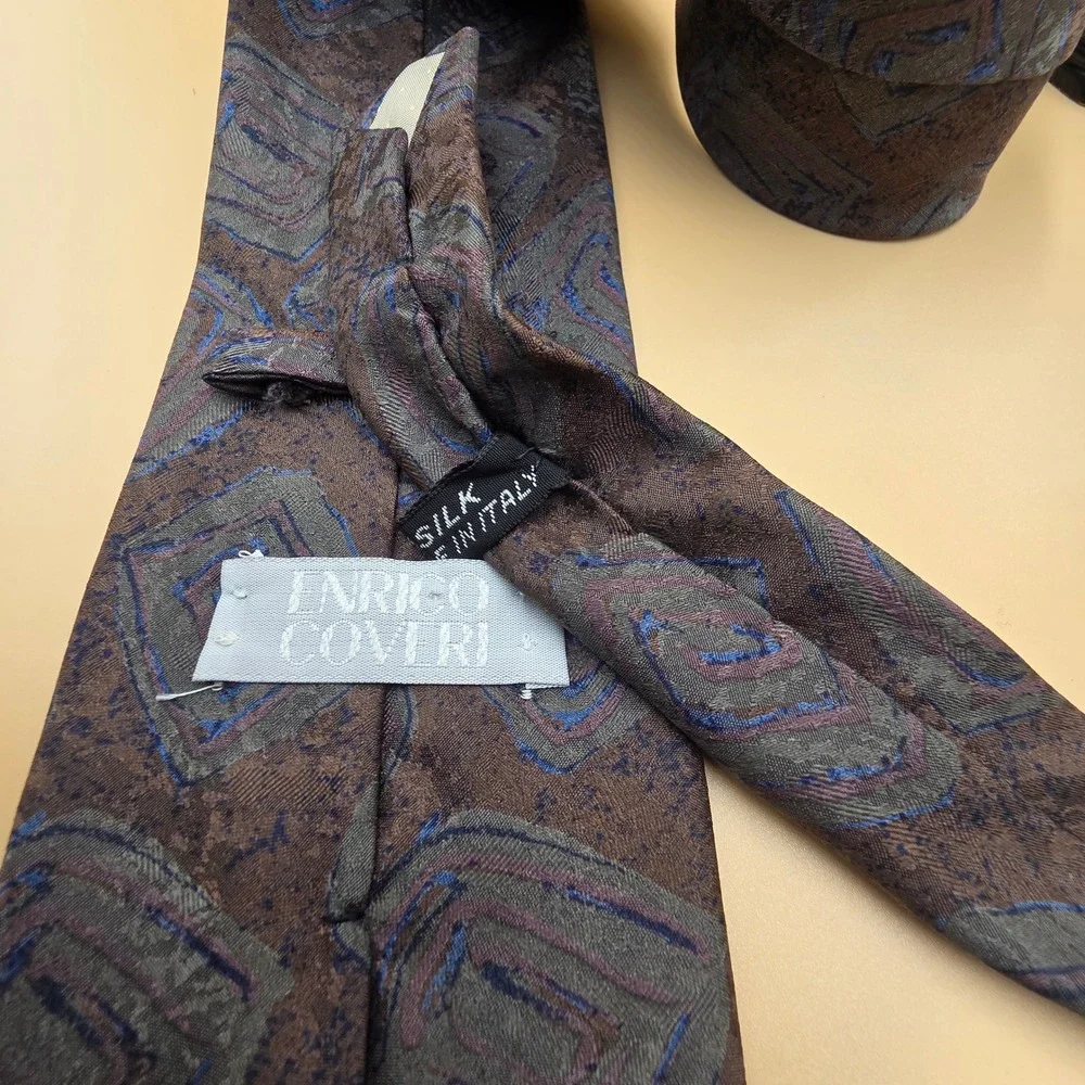 Enrico Coveri Mens Silk Tie Brown Blue Geometric Abstract Hand Made in Italy